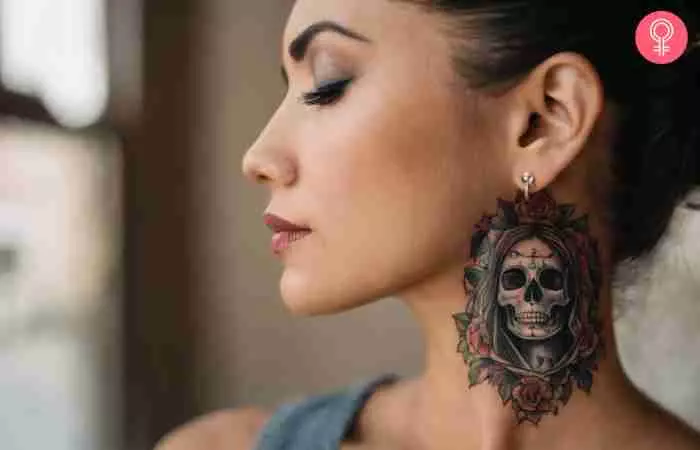A Santa Muerte tattoo on a woman’s neck