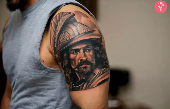 A Spanish conquistador tattoo on the upper arm