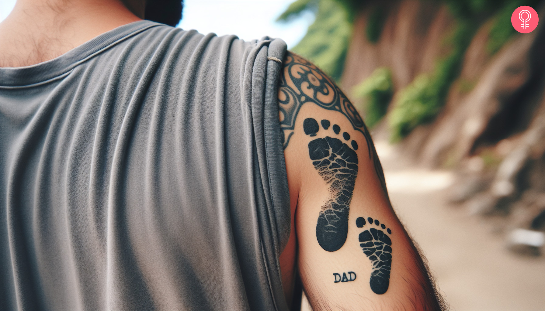 A baby footprint tattoo on the upper arm of a man