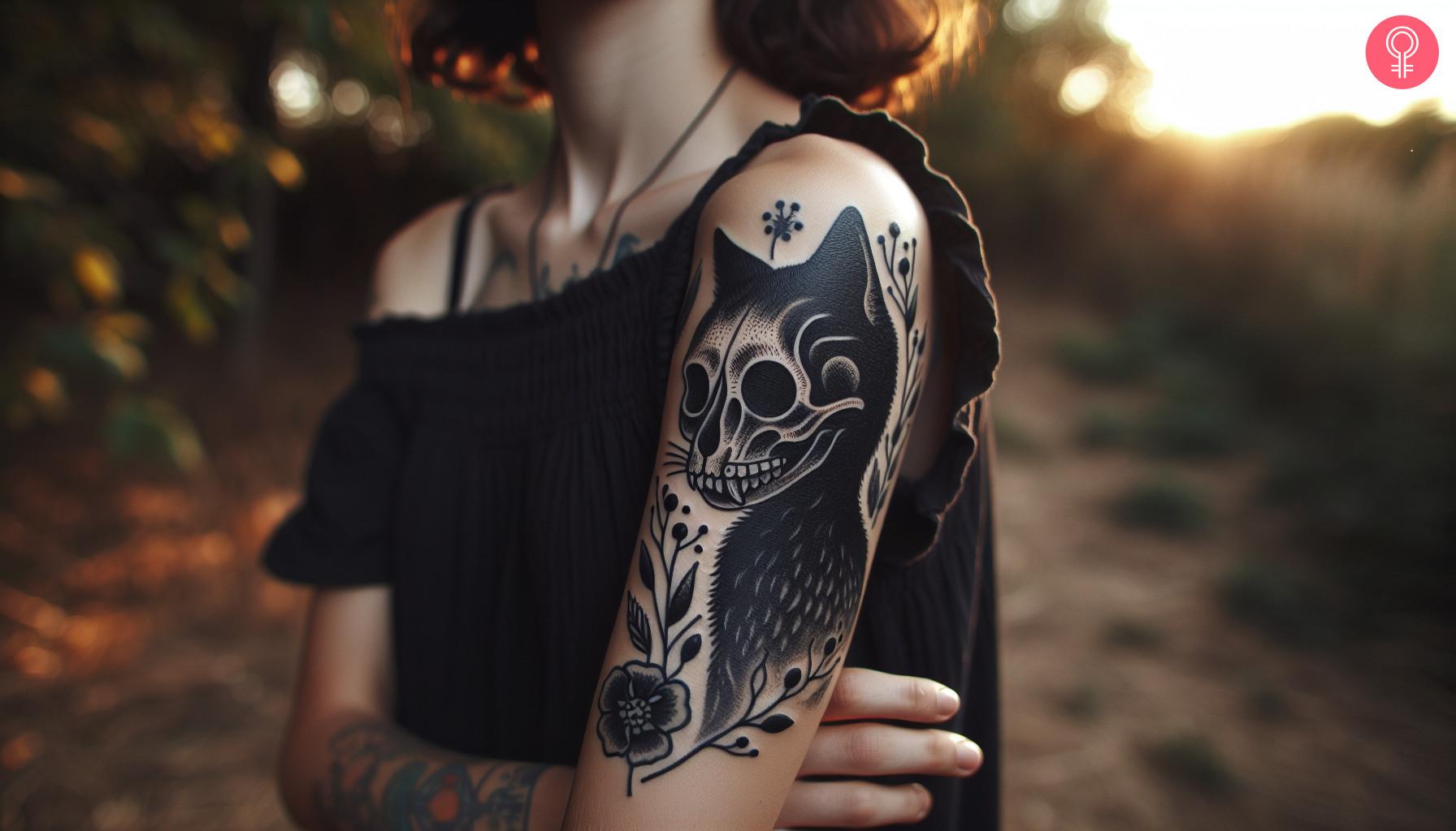 A black cat skull tattoo