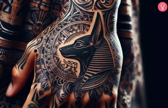 A black ink Anubis tattoo on the back of the hand