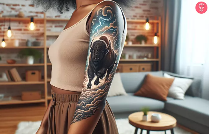 A buffalo running through a storm tattoo sleeve on the arm