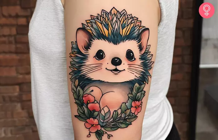 A cartoon hedgehog tattoo on the upper arm