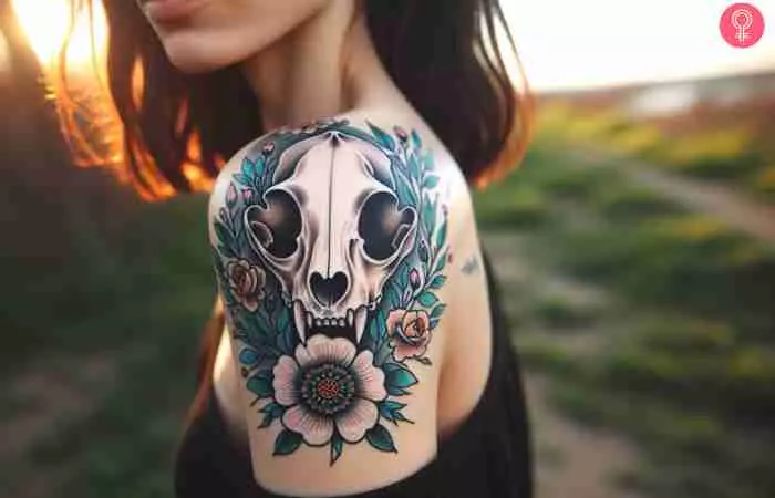 A cat skull tattoo with flowers