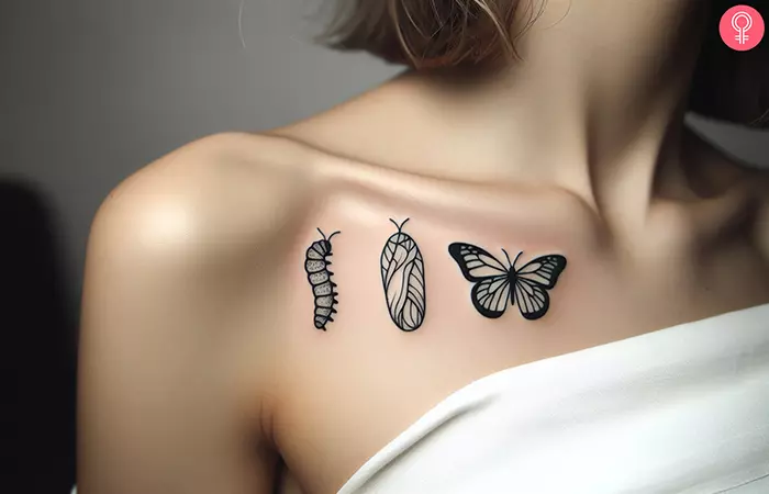 A caterpillar to butterfly tattoo on a woman’s chest