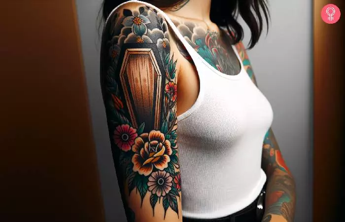A coffin with flowers tattoo on the upper arm