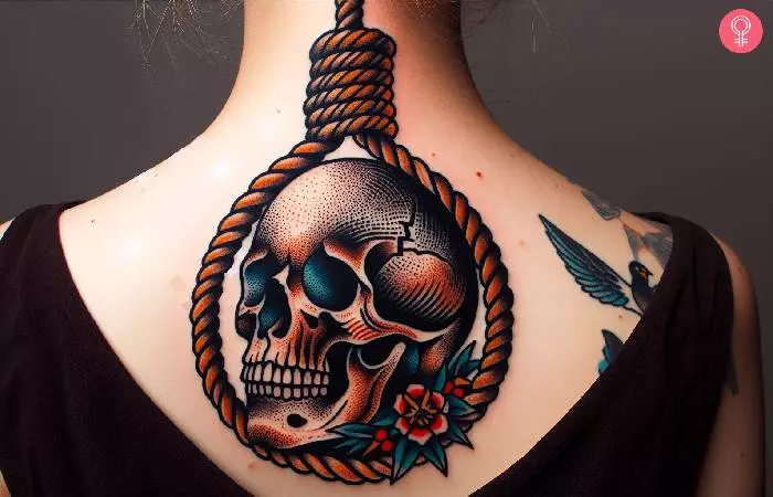 A colorful noose skull tattoo on the back of the neck