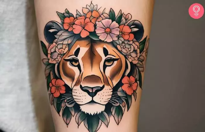 A feminine lioness tattoo on the arm