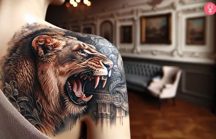 A fierce lioness tattoo on the back of the shoulder