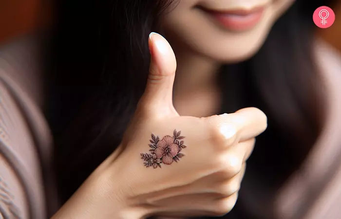 A floral tattoo between the thumb and index finger