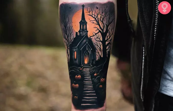 A forearm graveyard tattoo