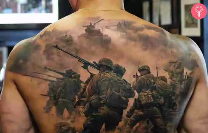 A full military tattoo of a battlefield on the back