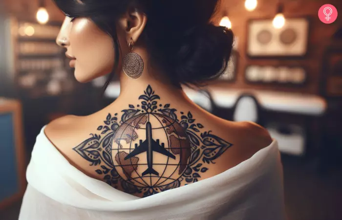 A globe and airplane tattoo on the back neck of a woman
