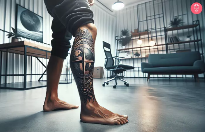 A globe compass tattoo on the leg of a man