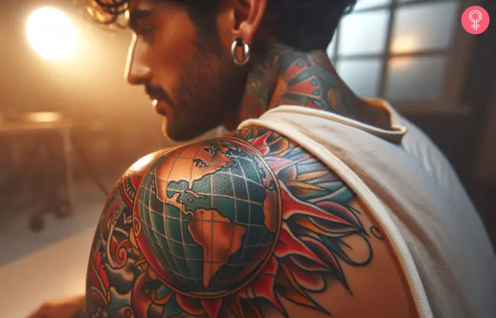 A globe tattoo on the shoulder of a man in the American traditional style