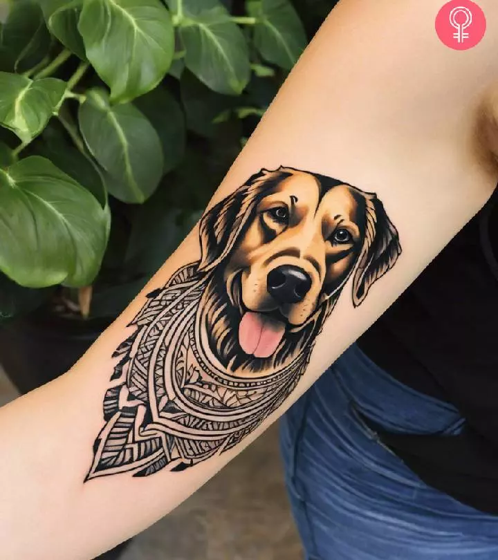 A golden retriever tattoo on the arm