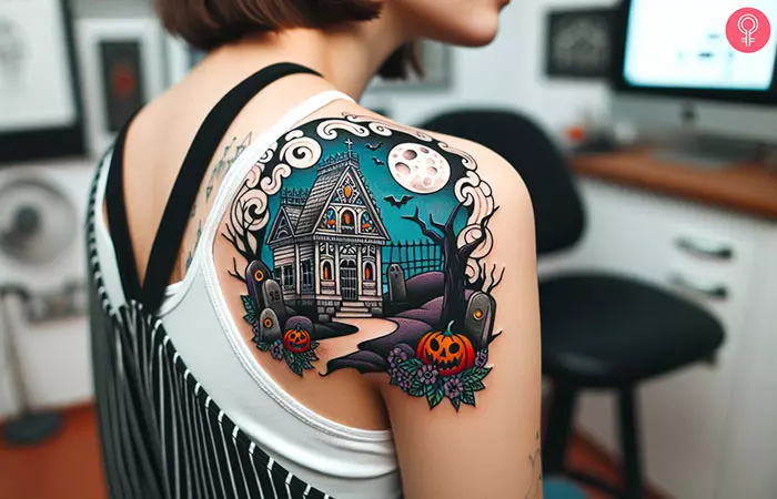 A graveyard in a haunted house tattoo on the back of the shoulder