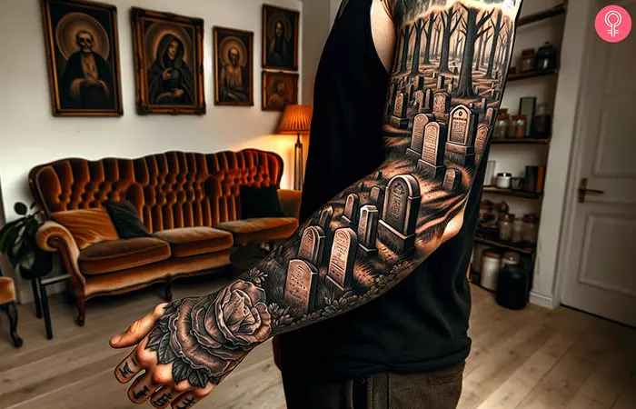 A graveyard tattoo sleeve