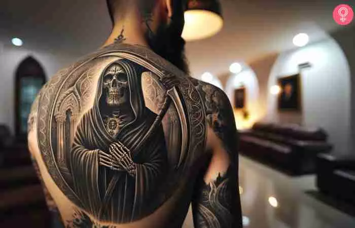 A grim reaper Santa Muerte tattoo on a man’s back