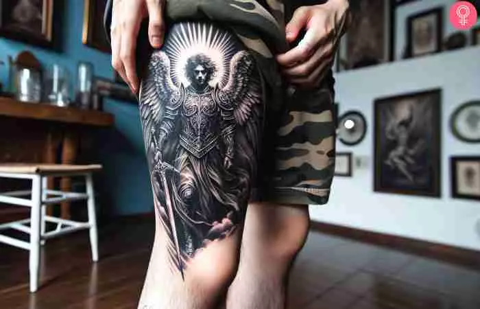 A guardian angel archangel Michael tattoo on the thigh of a man