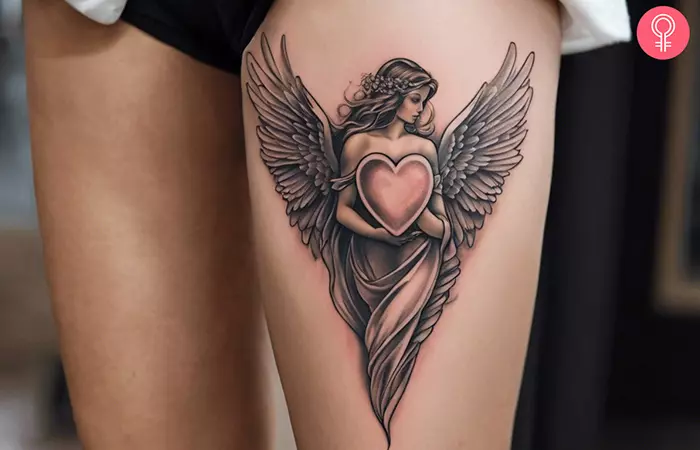 A guardian angel heart with wings tattooed on the thigh