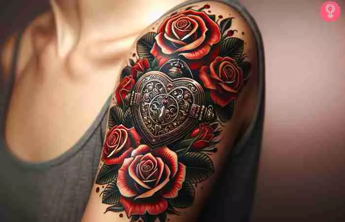 A heart locket tattoo with roses