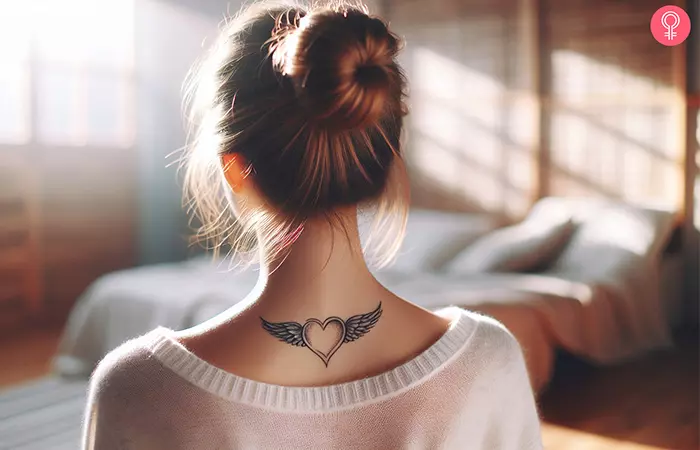 A heart with wings tattoo on the nape of the neck
