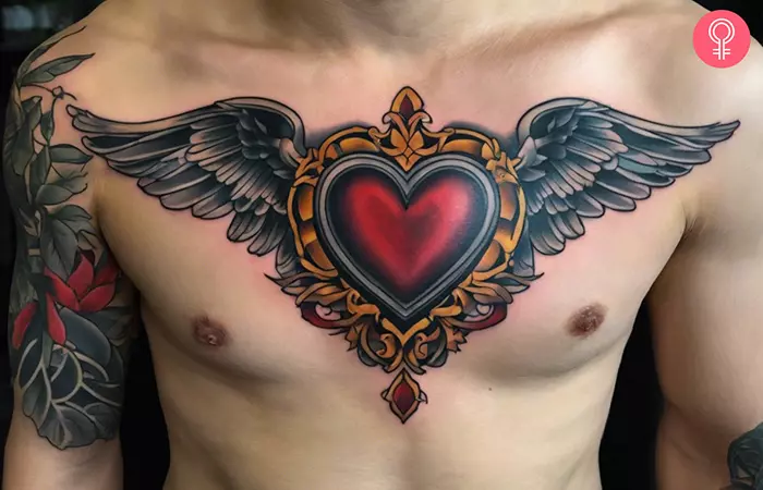 A heart with wings tattooed on the chest