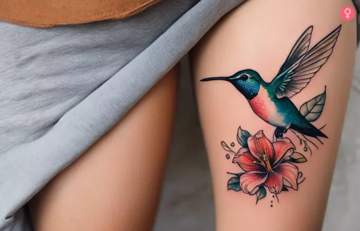 A hummingbird tattoo with flowers on the thigh