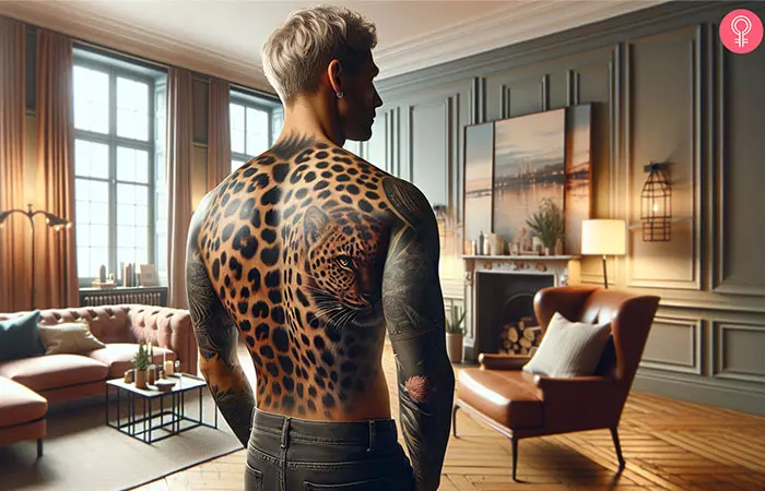 A leopard print tattoo on a man’s back