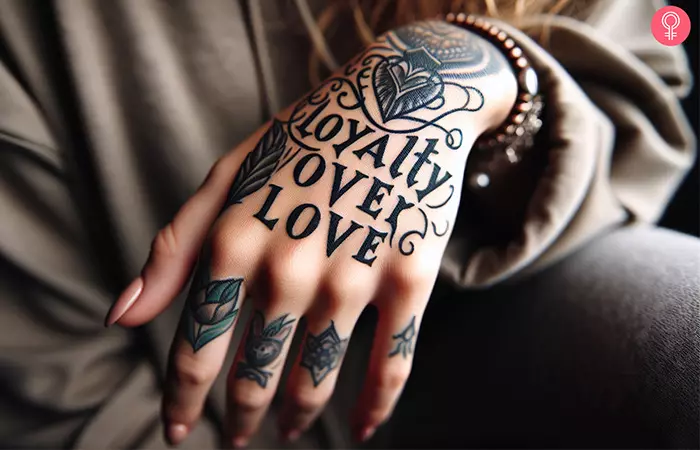 A loyalty over love hand tattoo  