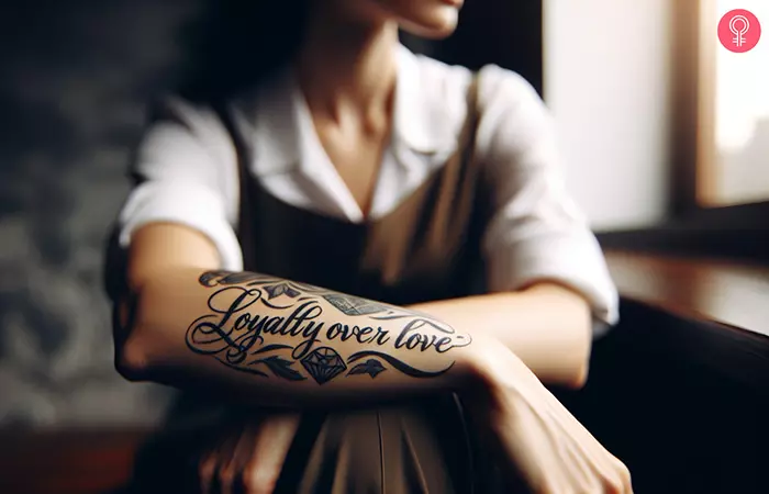 A loyalty over love tattoo on a woman’s forearm