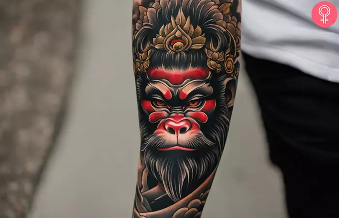 A man sporting a Japanese Monkey King tattoo design on his forearm