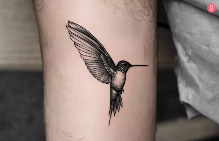 A man sporting a hummingbird tattoo on the arm