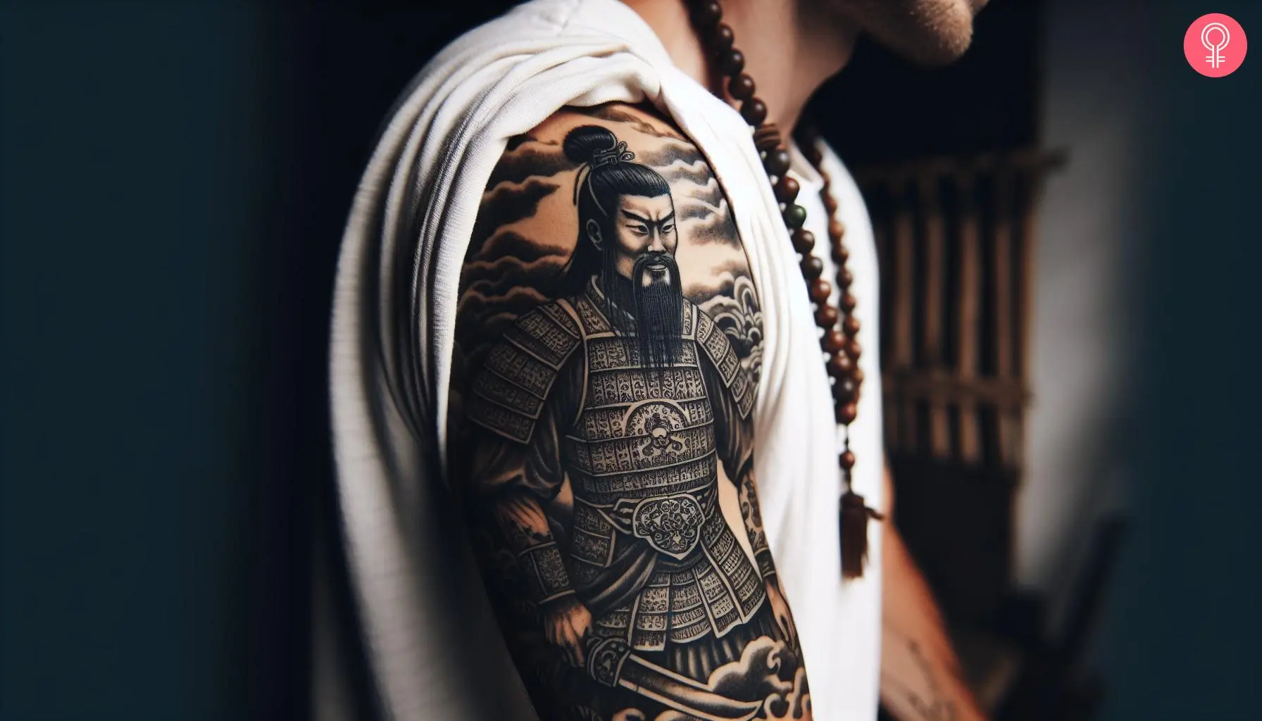 A man with a Chinese warrior tattoo on his hind arm