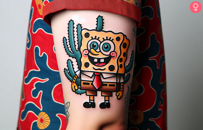 A man with a Spongebob Squarepants tattoo on his upper arm