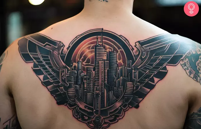A man with a cyberpunk tattoo on back