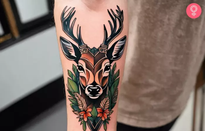 A man with a deer in a jungle tattoo on the forearm