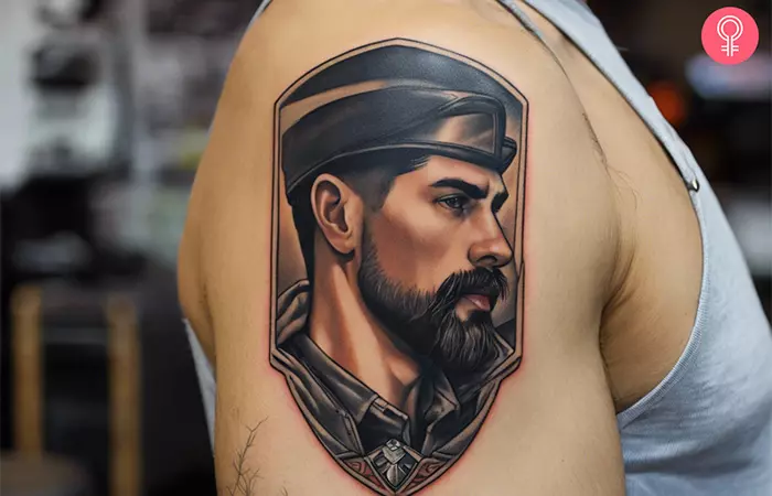 A man with a dog tag memorial tattoo