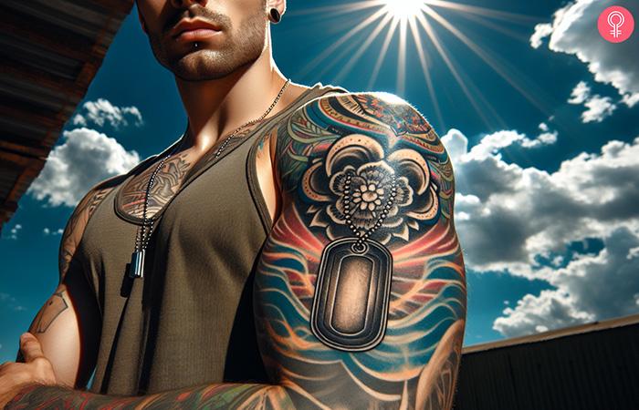 A man with a dog tag tattoo on his arm