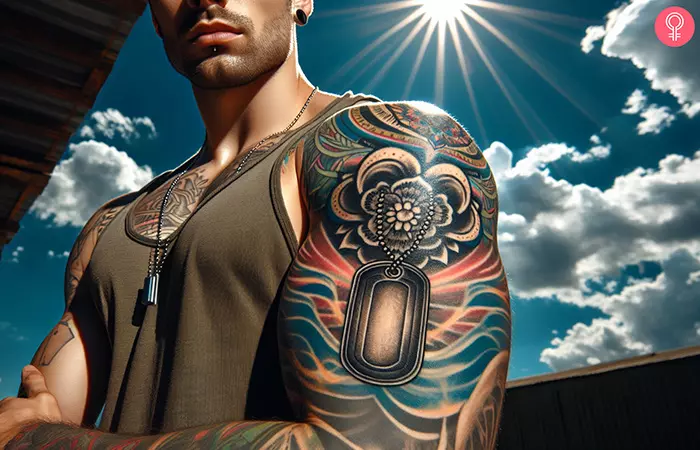 A man with a dog tag tattoo on his arm