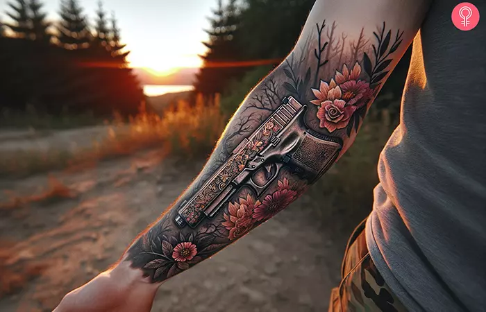 A man with a flower and glock tattoo on his forearm