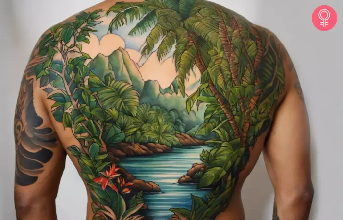 A man with a jungle background tattoo