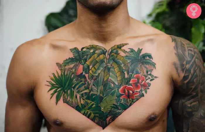 A man with a jungle-themed tattoo on his chest