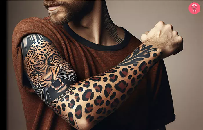 A man with a leopard print sleeve tattoo