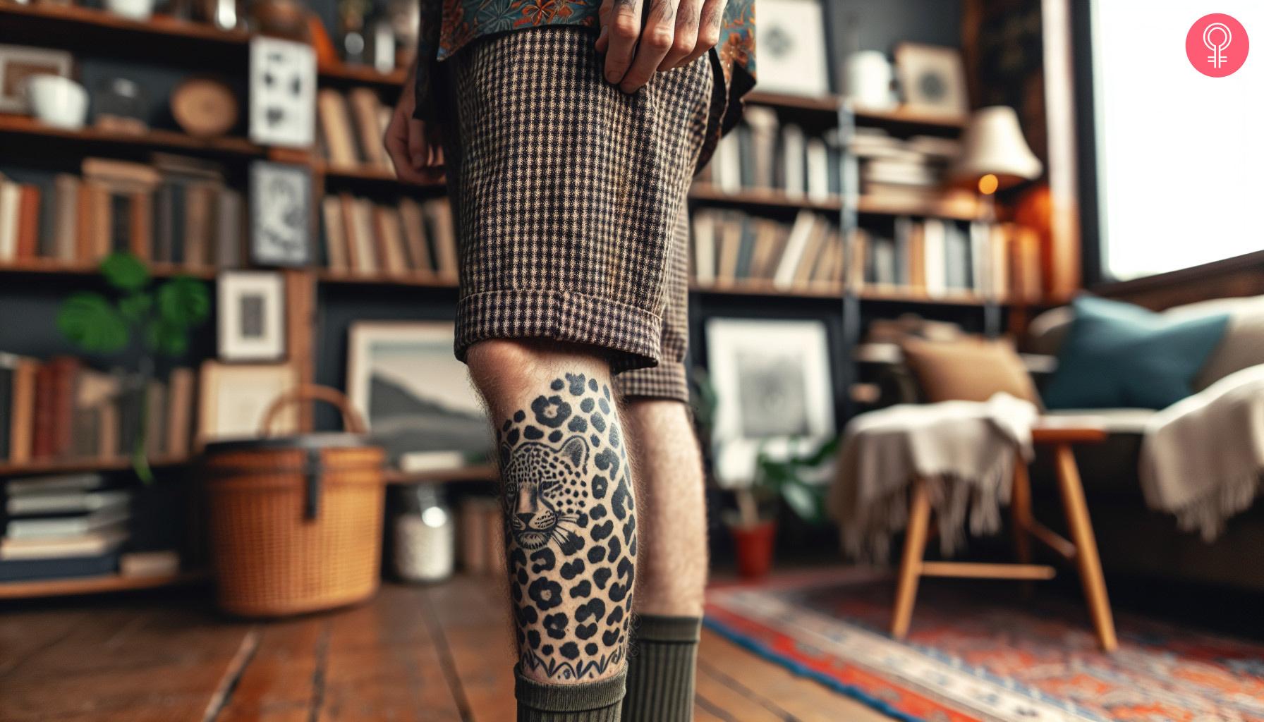 A man with a leopard print tattoo on his leg