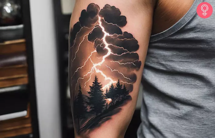 A man with a lightning storm tattoo on his upper arm