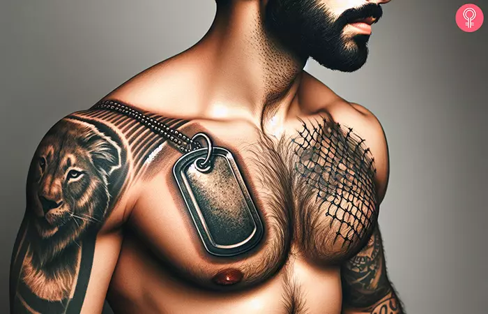 A man with a military dog tag tattoo on his chest