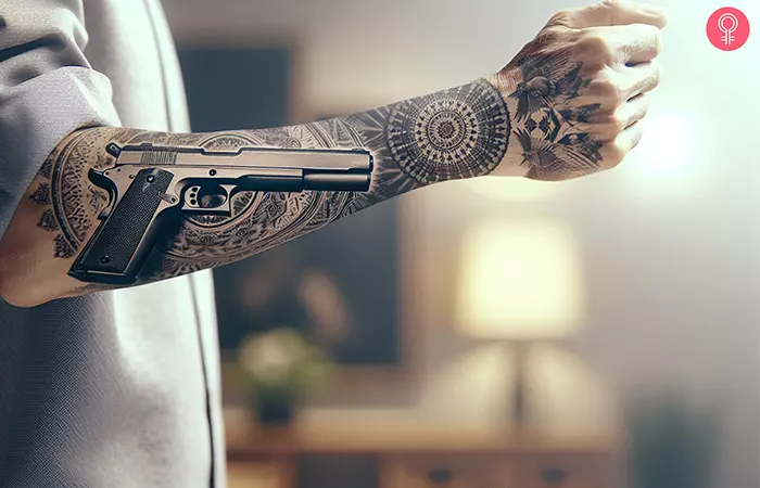 A man with a realistic glock tattoo on his forearm