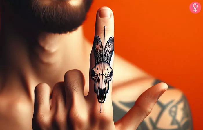 A man with a realistic goat skull tattoo on his finger